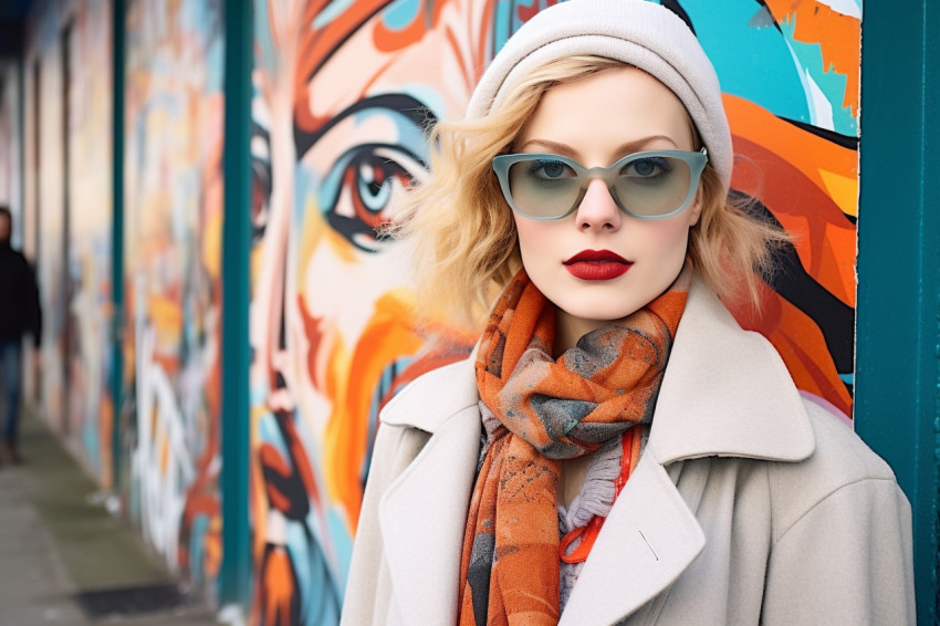 Fashionable tourist taking photo in front of Berlin street art