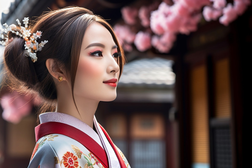 Woman in kimono admiring cherry blossoms in Kyoto