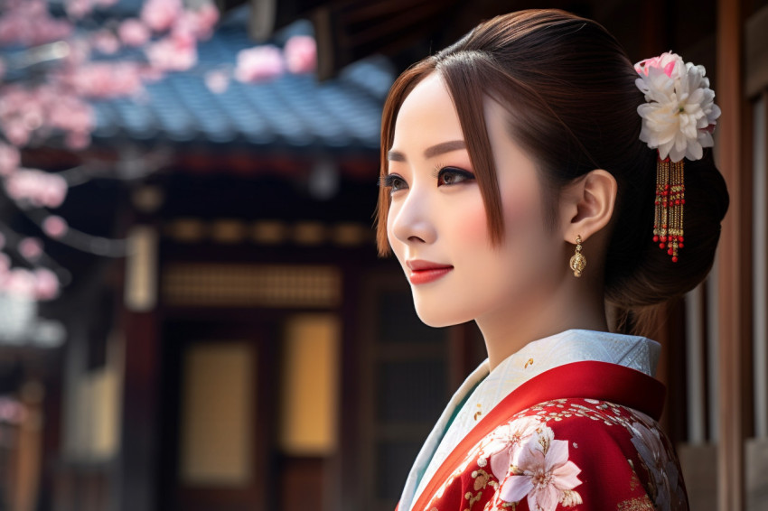 Woman in kimono admiring cherry blossoms in Kyoto