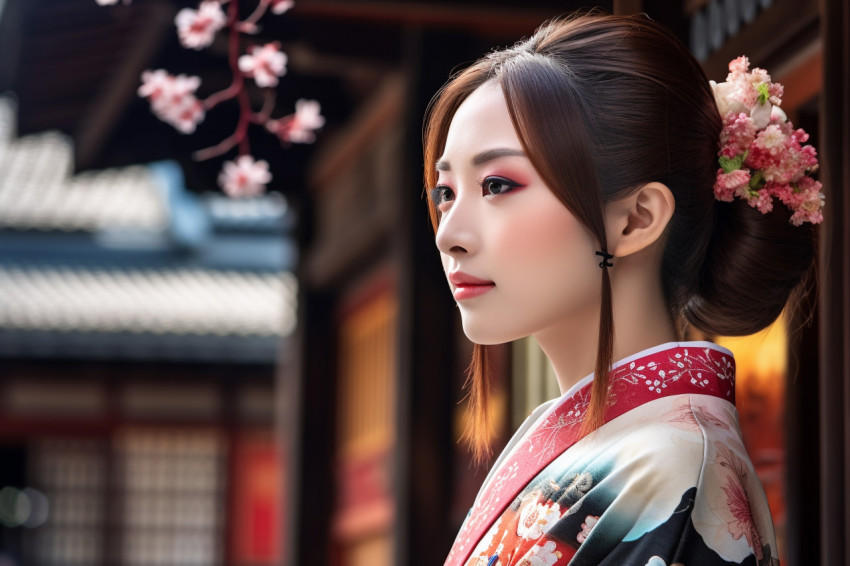 Woman in kimono admiring cherry blossoms in Kyoto