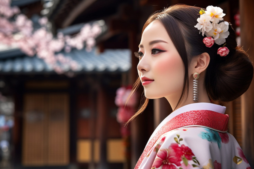 Woman in kimono admiring cherry blossoms in Kyoto