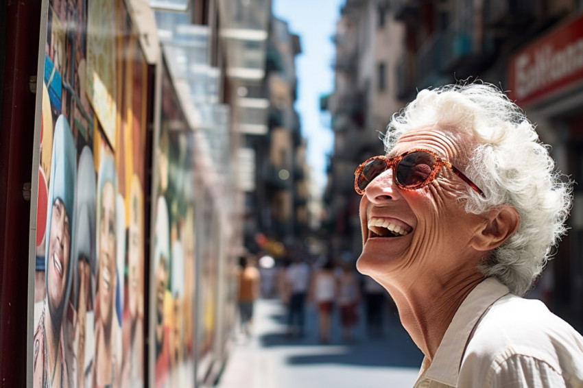 Happy woman in Barcelona admiring architecture