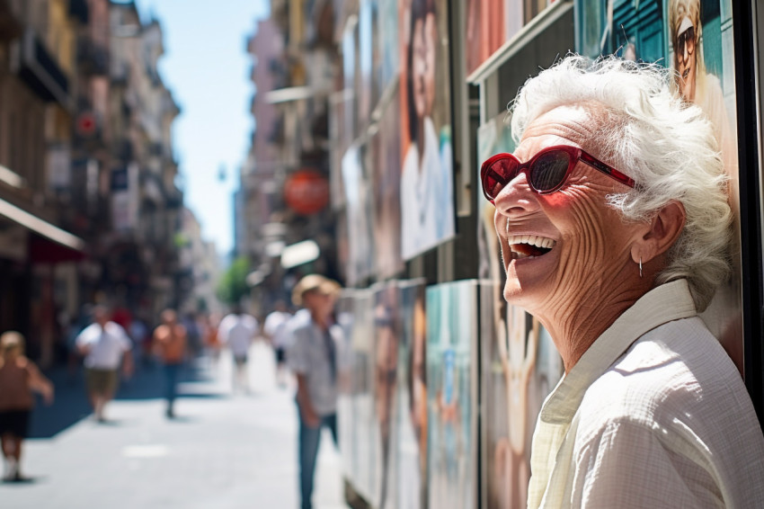 Happy woman in Barcelona admiring architecture