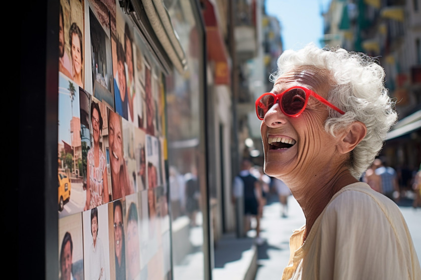 Happy woman in Barcelona admiring architecture