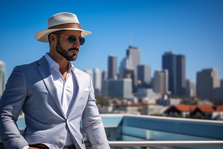 Stylish man at rooftop pool with city view Stylish man at rooftop pool with city view