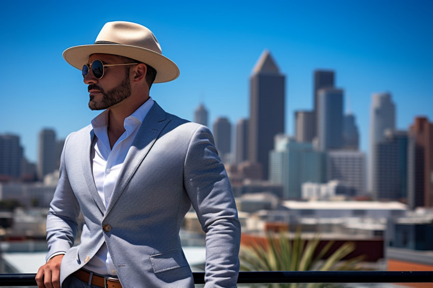 Stylish man at rooftop pool with city view Stylish man at rooftop pool with city view