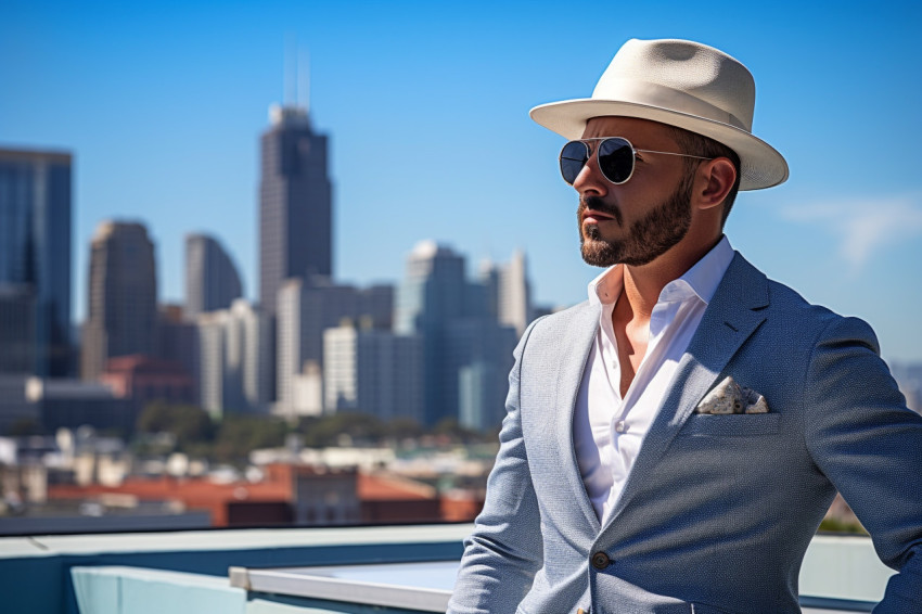 Stylish man at rooftop pool with city view Stylish man at rooftop pool with city view