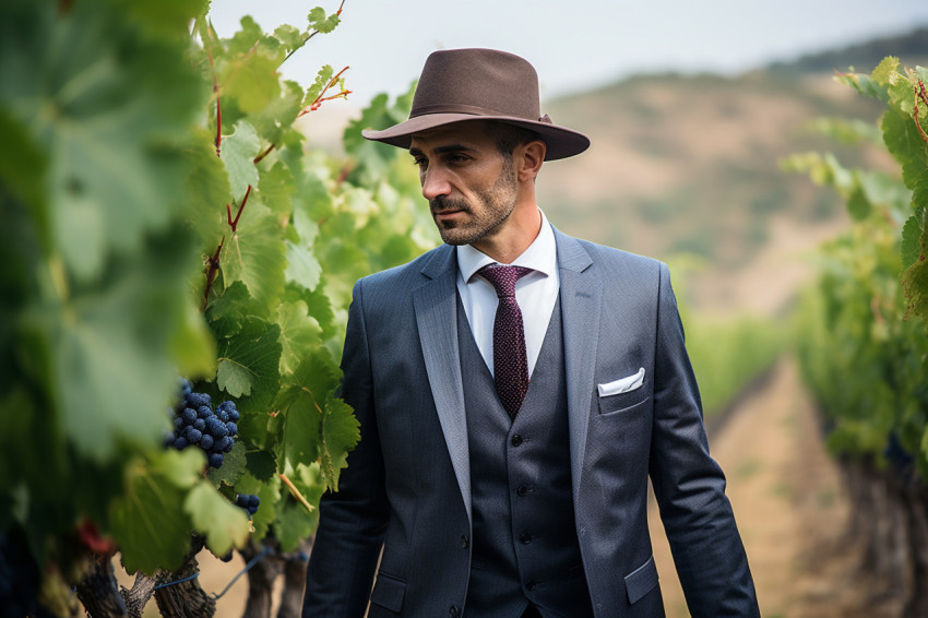 Stylish man in a suit walks through a vineyard Stylish man in a suit walks through a vineyard