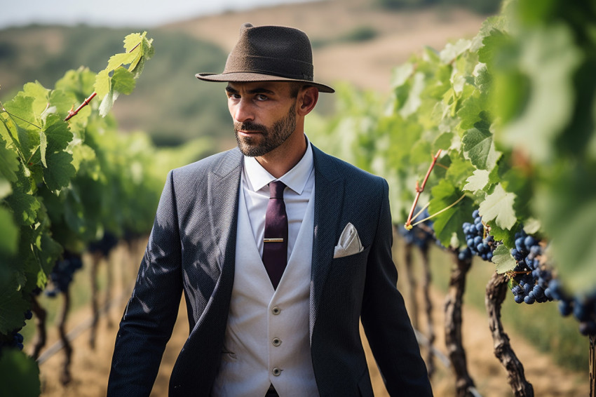 Stylish man in a suit walks through a vineyard Stylish man in a suit walks through a vineyard