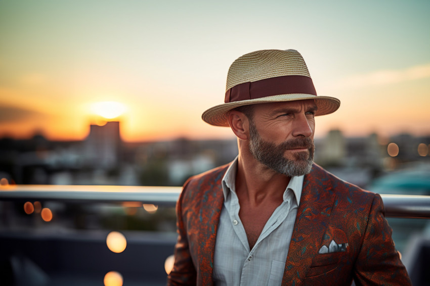 Stylish man at a sunset rooftop bar Stylish man at a sunset rooftop bar