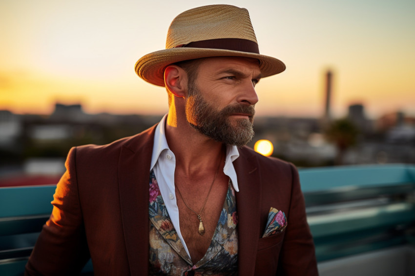 Stylish man at a sunset rooftop bar Stylish man at a sunset rooftop bar