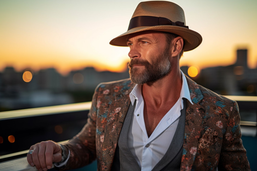 Stylish man at a sunset rooftop bar Stylish man at a sunset rooftop bar