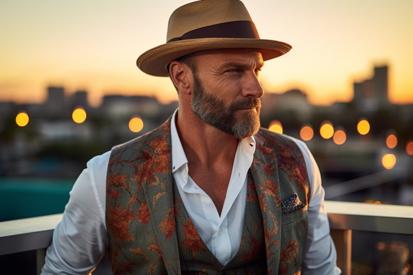 Stylish man at a sunset rooftop bar Stylish man at a sunset rooftop bar
