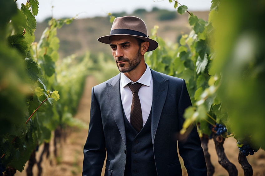 Stylish man in a suit walks through a vineyard Stylish man in a suit walks through a vineyard