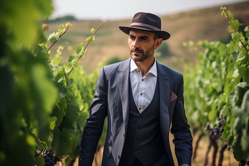 Stylish man in a suit walks through a vineyard Stylish man in a suit walks through a vineyard
