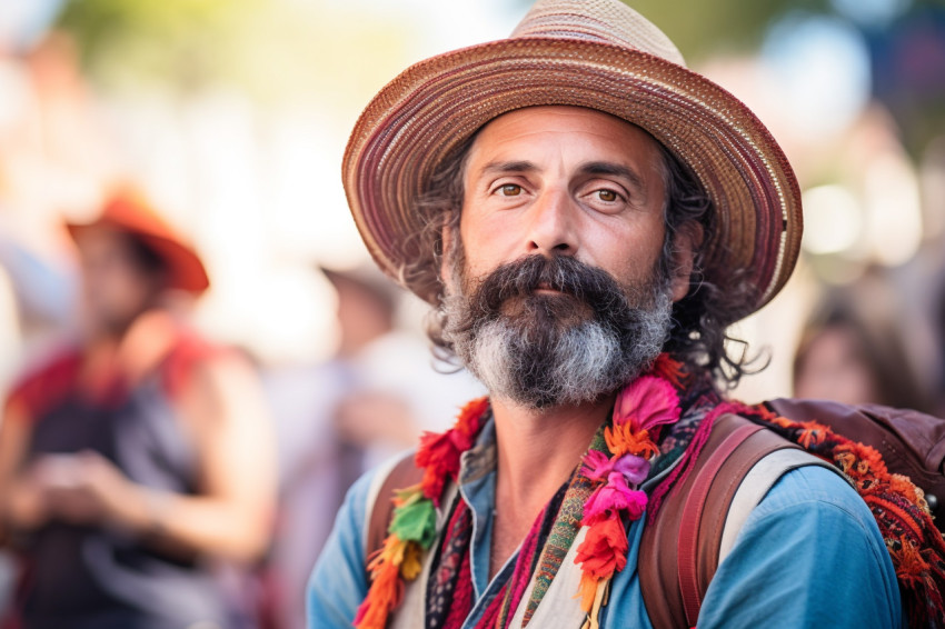 Seasoned traveler immerses in vibrant cultural festival Seasoned traveler immerses in vibrant cultural festival