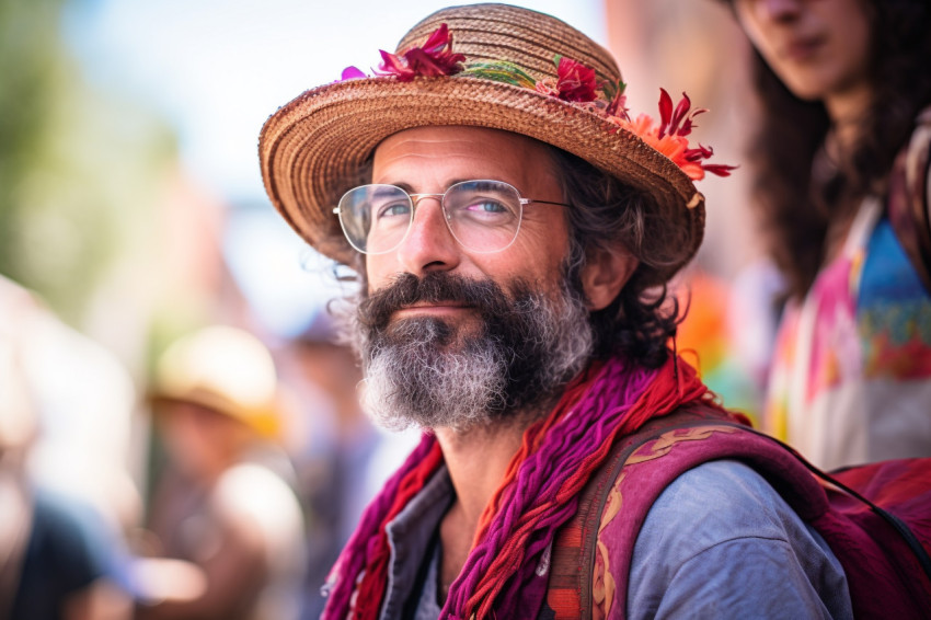 Seasoned traveler immerses in vibrant cultural festival Seasoned traveler immerses in vibrant cultural festival