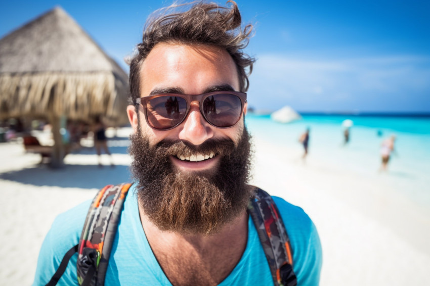 Happy traveler at Maldives beach resort Happy traveler at Maldives beach resort