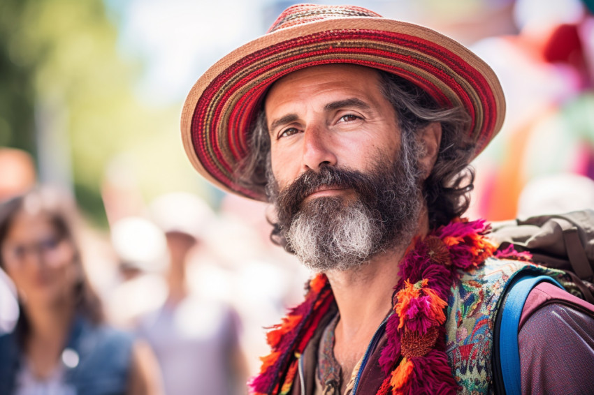 Seasoned traveler immerses in vibrant cultural festival Seasoned traveler immerses in vibrant cultural festival