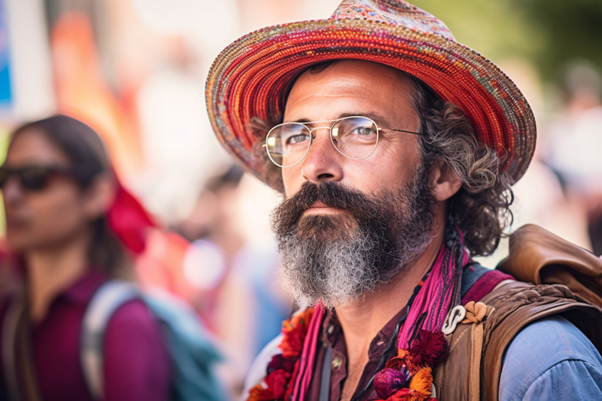 Seasoned traveler immerses in vibrant cultural festival Seasoned traveler immerses in vibrant cultural festival
