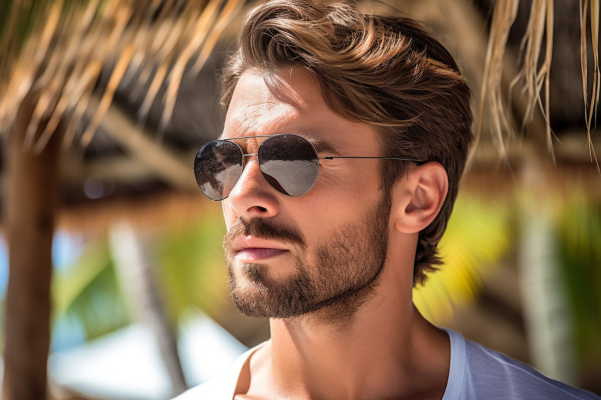 Handsome man relaxing on white sand beach