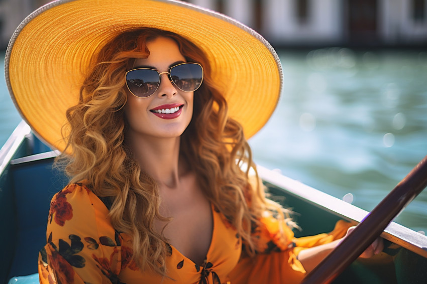 Beautiful woman in gondola ride venice