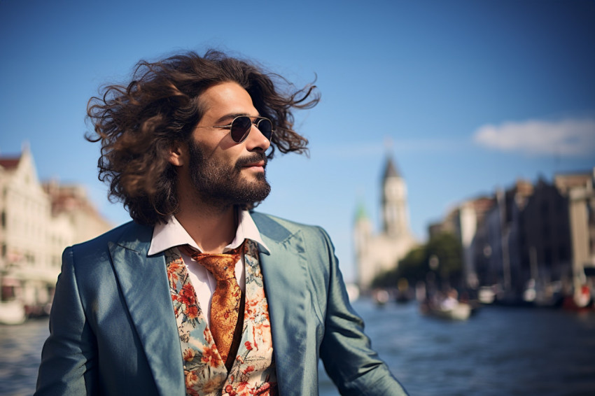 Romantic gondola ride in Venice with stylish man