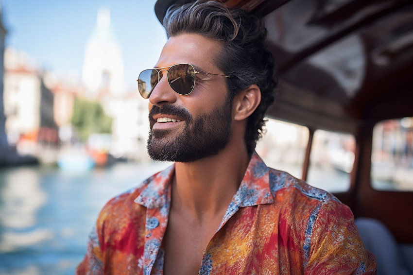 Romantic gondola ride in Venice with stylish man