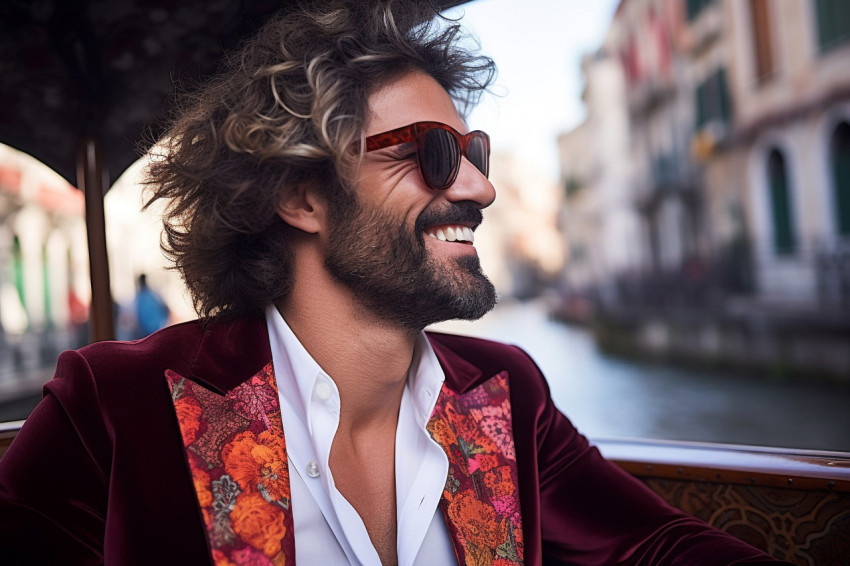 Romantic gondola ride in Venice with stylish man