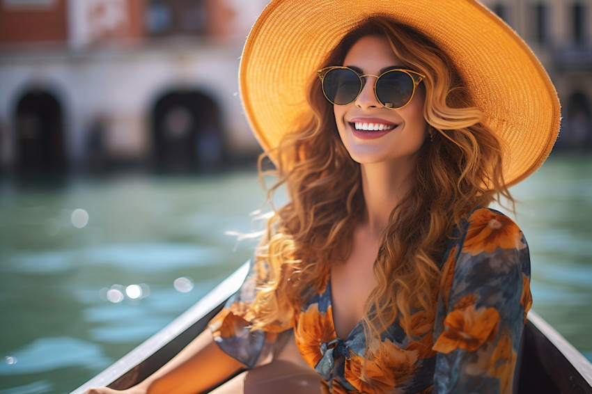 Beautiful woman in gondola ride venice