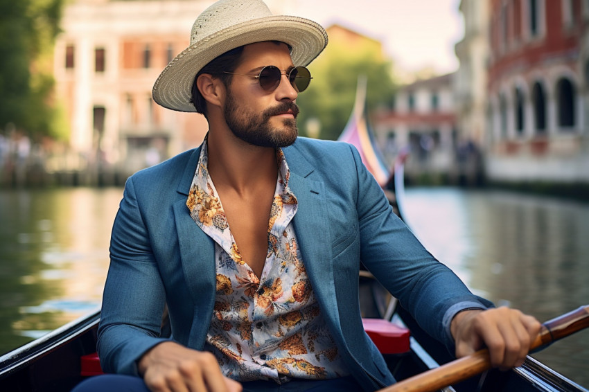 Romantic gondola ride in Venice with stylish man