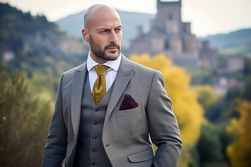 Historic castle visitor in stylish suit