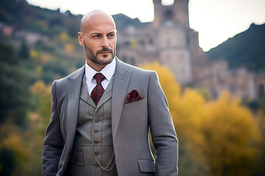 Historic castle visitor in stylish suit