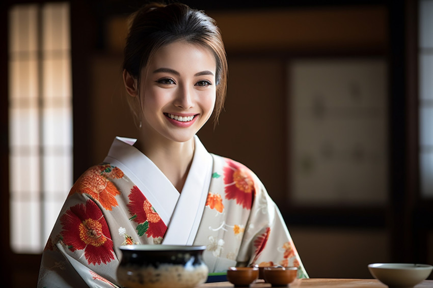 Woman smiling while enjoying a traditional Japanese tea ceremony