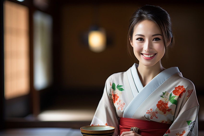 Woman smiling while enjoying a traditional Japanese tea ceremony