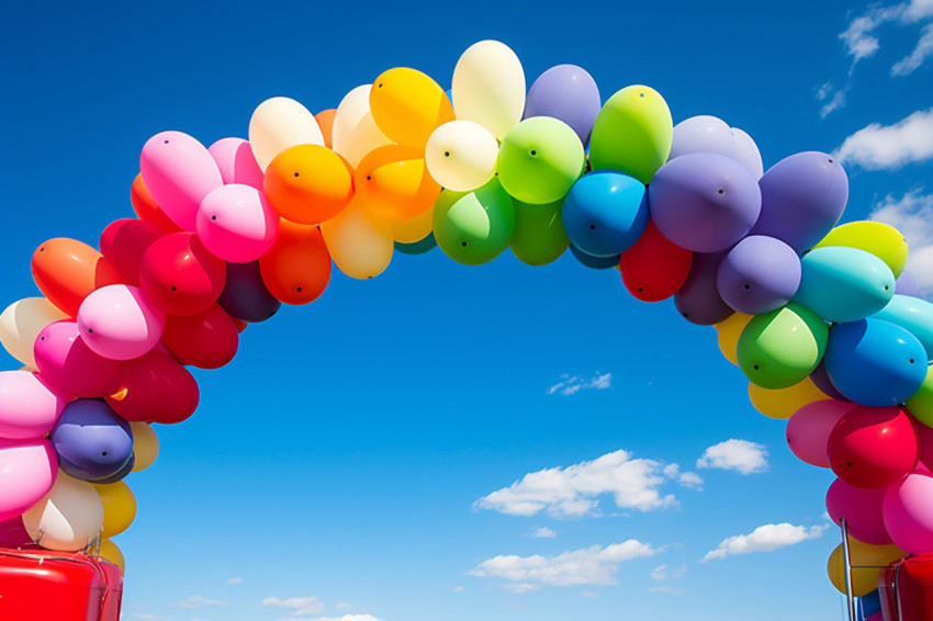 Colorful balloon arch under bright blue sky