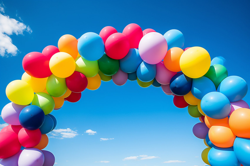 Colorful balloon arch under bright blue sky