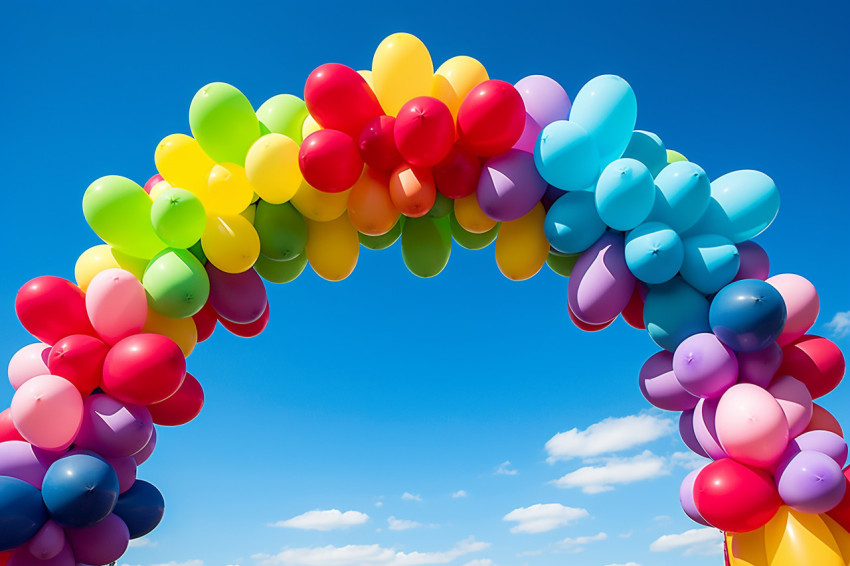 Colorful balloon arch under bright blue sky