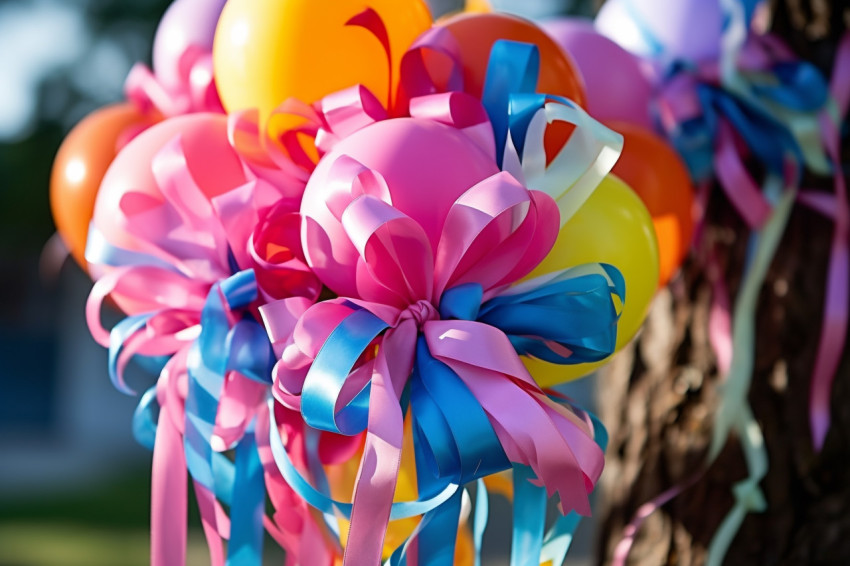 Colorful balloon bouquet tied with ribbon