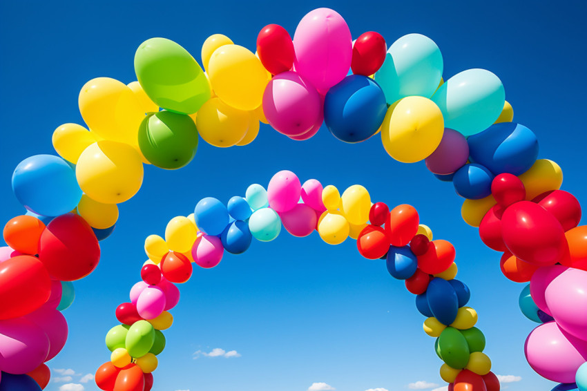 Colorful balloon arch under bright blue sky