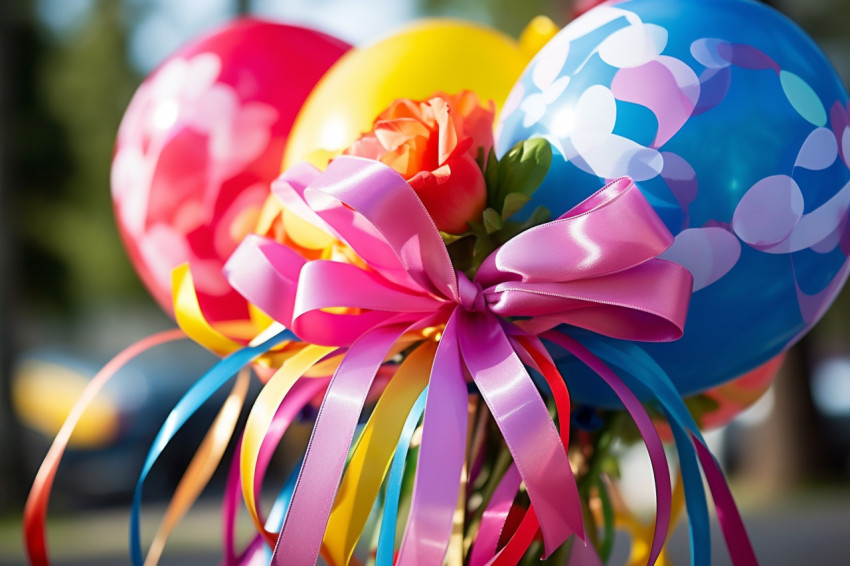 Colorful balloon bouquet tied with ribbon