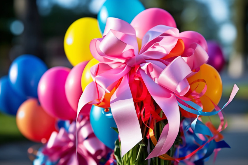 Colorful balloon bouquet tied with ribbon