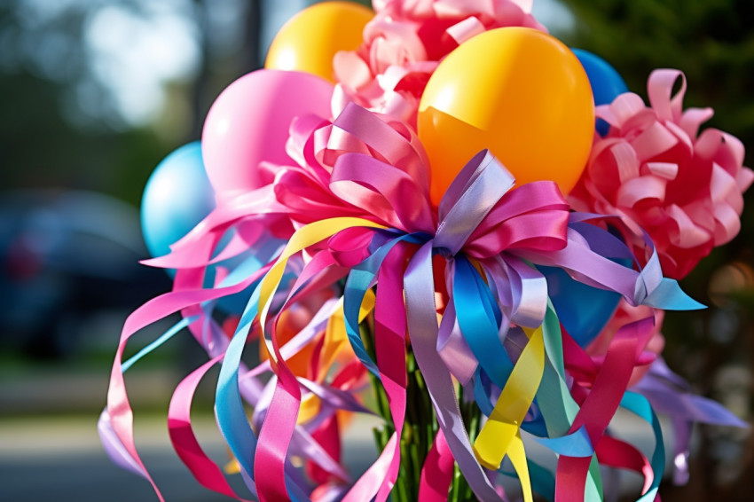 Colorful balloon bouquet tied with ribbon