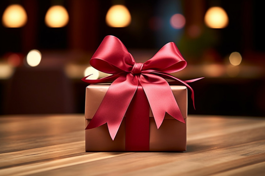 Beautiful gift box wrapped with ribbon on wood table