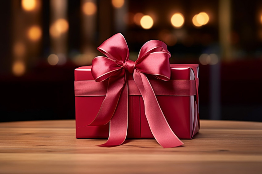 Beautiful gift box wrapped with ribbon on wood table