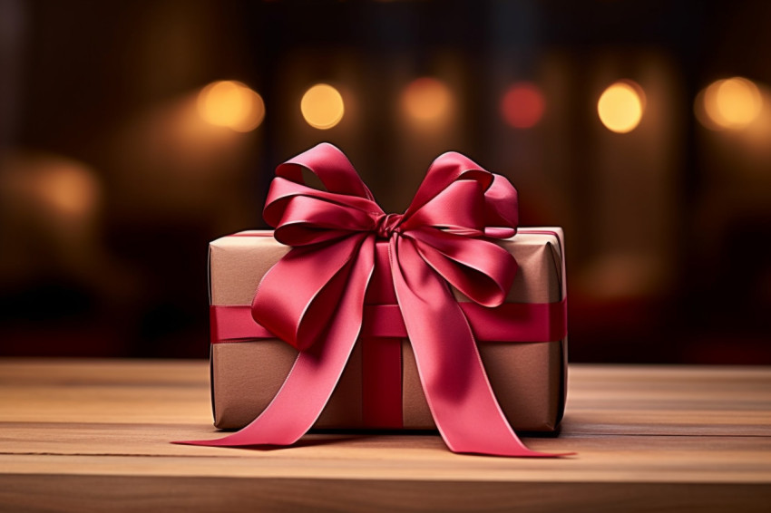 Beautiful gift box wrapped with ribbon on wood table