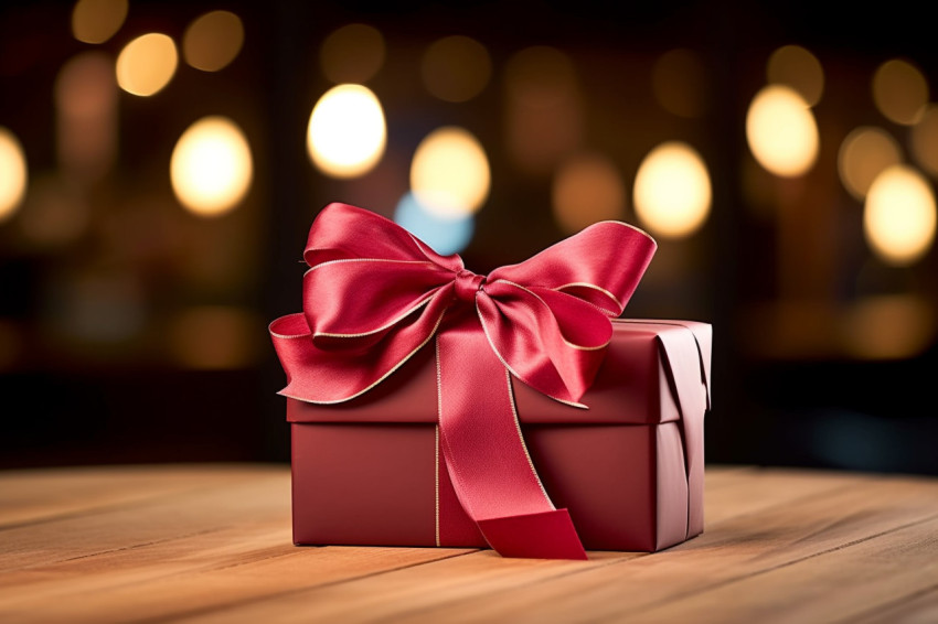 Beautiful gift box wrapped with ribbon on wood table