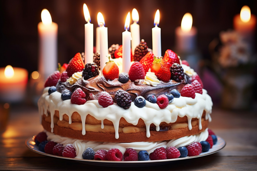 Colorful cake with lit candles