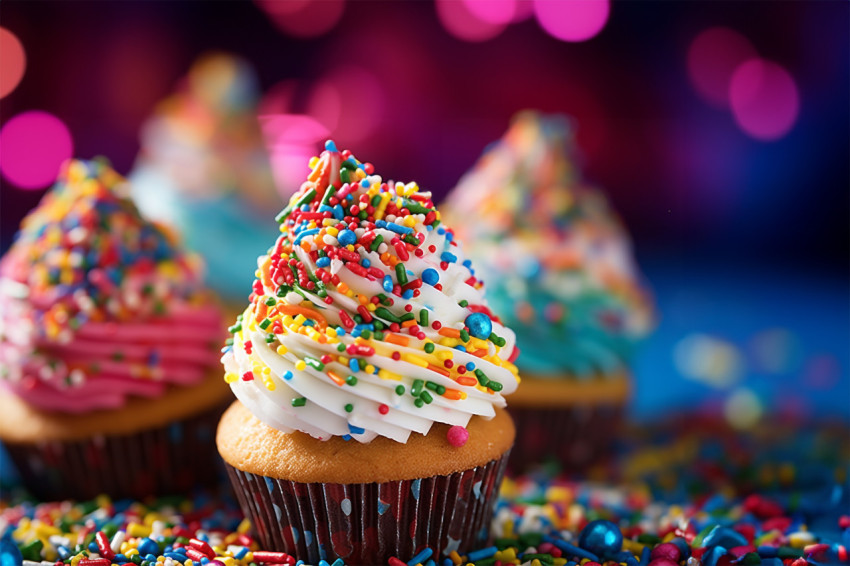 Colorful cupcakes with decorative picks