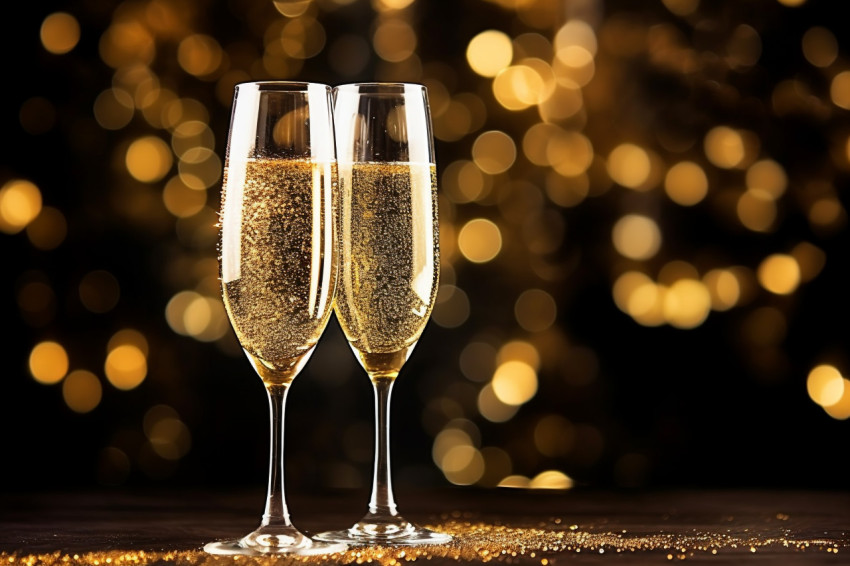 Champagne glasses toasting against a twinkling background